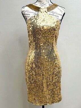Vintage 90s Gold Sequin Halter Mini Dress – Niteline Glam Y2K Party